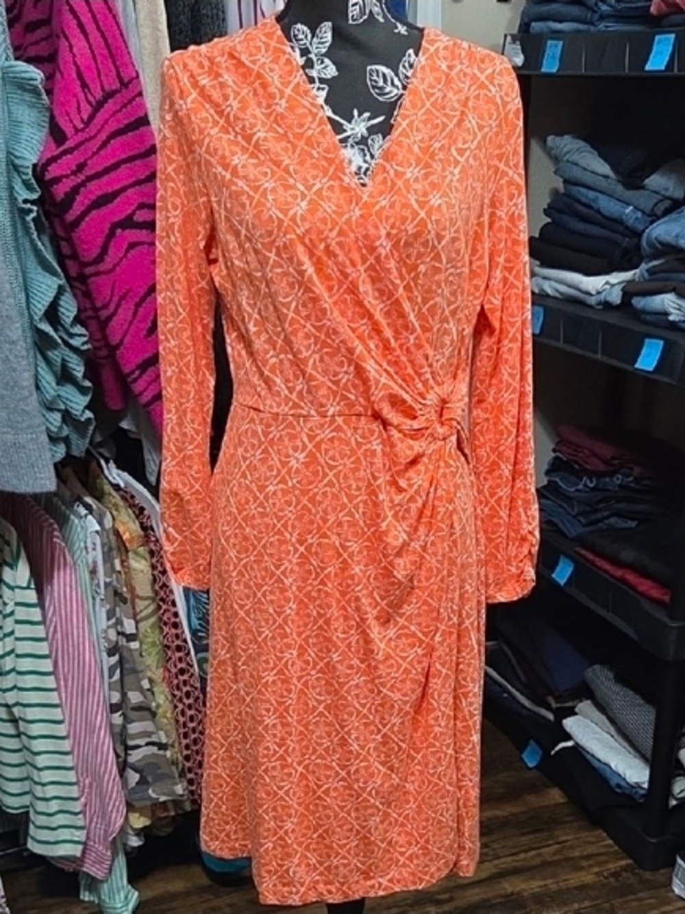 Pendleton Orange V-Neck Wrap Dress with Knot Detail